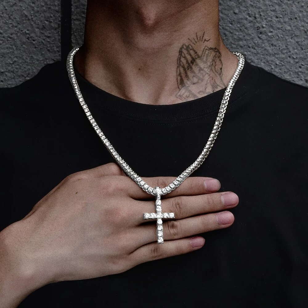 ⭐ 2PC 24" Diamond Hip Hop Necklace and Cross Pendant With 4mm Diamonds ⭐ - Picture 6 of 11
